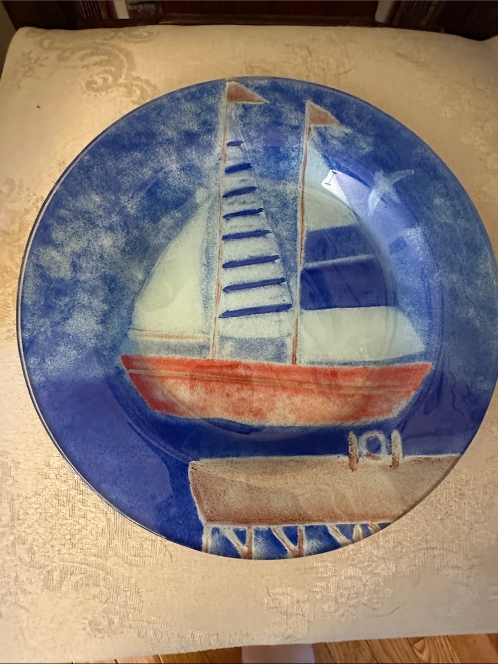 Elle Keramikk crystallized art glass sailboat decorative plate, 1960s Norway